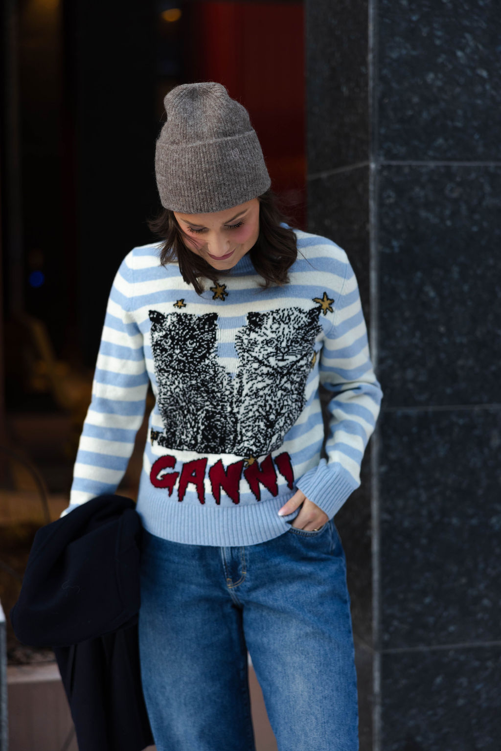 Striped Graphic Wool Mix Cats Crewneck Illusion Blue | Carma